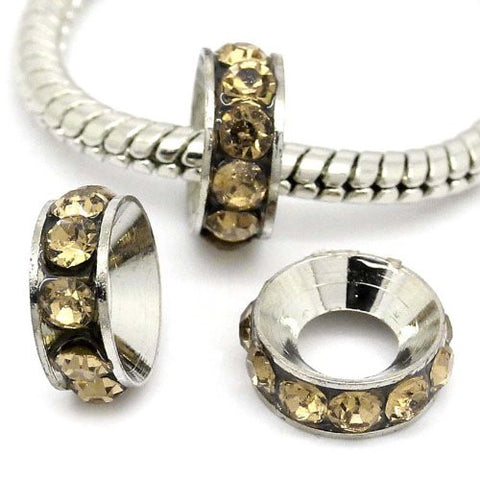 Copper European Charm Rhinestone Rondelle Spacer Beads Round Silver Tone W/Champagne Rhinestone - Sexy Sparkles Fashion Jewelry - 2