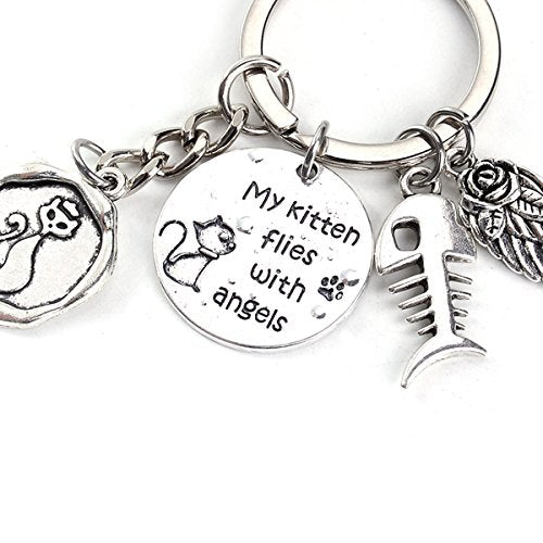 "My Kitten Flies with Angels" Pet Memorial Keychain & Keyring Fish Bone (Style A) - Sexy Sparkles Fashion Jewelry