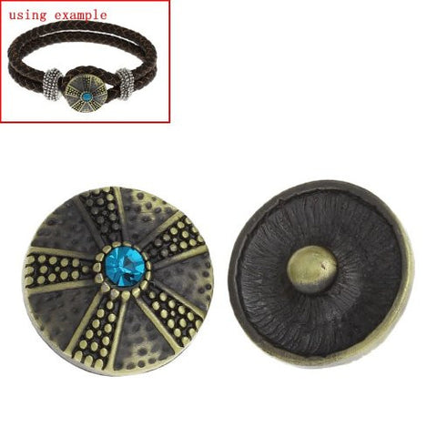 Chunk Snap Buttons Fit Chunk Bracelet Round Antique Bronze Flower Pattern Carved Lake Blue Rhinestone 20mm - Sexy Sparkles Fashion Jewelry - 2
