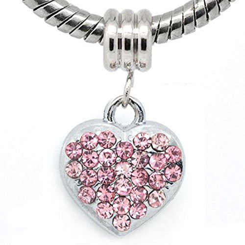 Pink Rhinestone Heart Dangle European Bead Compatible for Most European Snake Chain Bracelets - Sexy Sparkles Fashion Jewelry - 1