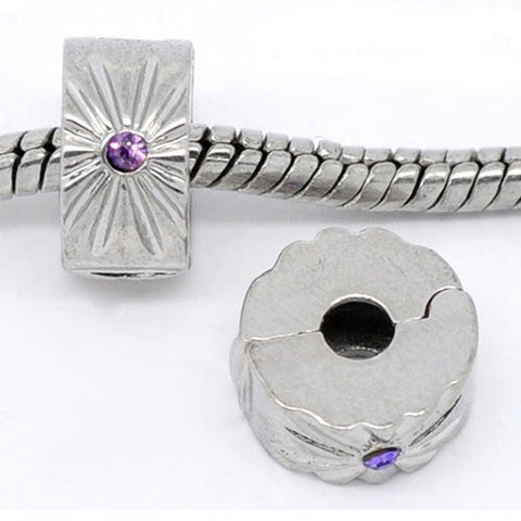 Clip Lock Stopper Bead with Purple Stones with 2 Clear Silicone Stopper For Snake Chain Charm Bracelet - Sexy Sparkles Fashion Jewelry - 4
