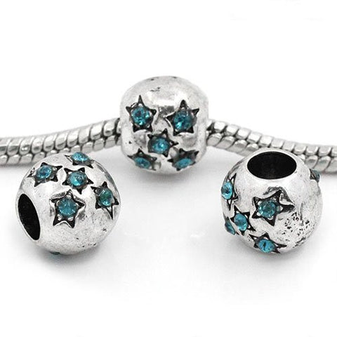 European Charm Beads Antique Silver Star Carved Light Blue Rhinestone - Sexy Sparkles Fashion Jewelry - 3