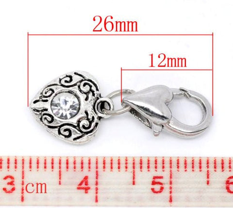 April Clear Birthstone Antique Silver Rhinestone Heart Clip On Charms. Fits Thomas Sabo 26x10mm - Sexy Sparkles Fashion Jewelry - 2