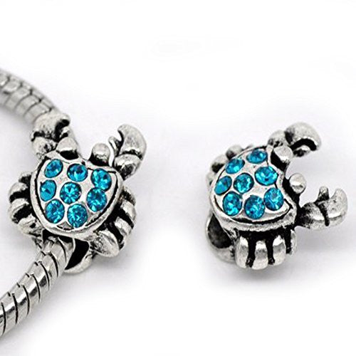 One Crab with Turquoise  Rhinestone Charm European Bead Compatible for Most European Snake Chain Bracelet