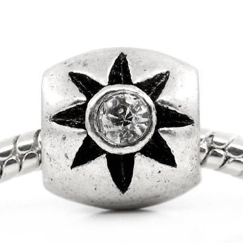 European Charm Beads Column Antique Silver Flower Carved Clear Rhinestone - Sexy Sparkles Fashion Jewelry - 4