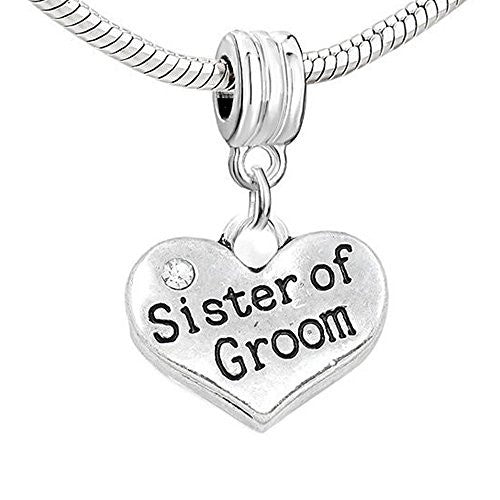 Wedding Sister of the Groom Heart w/ Crystal Charm  For Snake Chain Bracelet