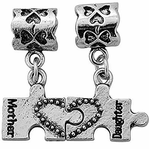 1 Pair Mothers Day Gift Mother Daughter Charms Heart Puzzle European Bead Compatible for Most European Snake Chain Bracelet