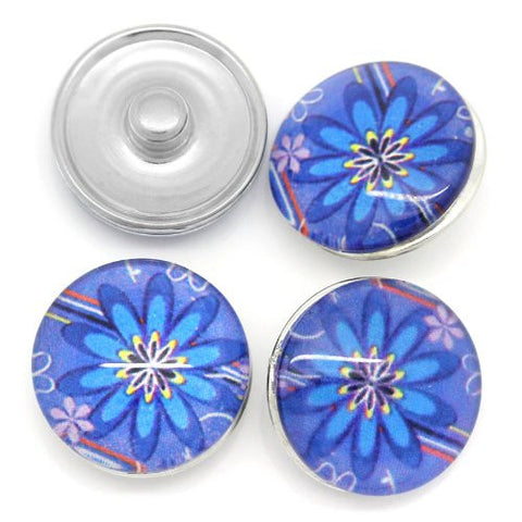 Blue Flower Design Glass Charm Button Fits Chunk Bracelet 18mm for Noosa Style Leather Bracelet - Sexy Sparkles Fashion Jewelry - 3