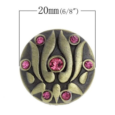 Chunk Snap Buttons Fit Chunk Bracelet Round Antique Bronze Pink Rhinestone Flower Carved 20mm Dia - Sexy Sparkles Fashion Jewelry - 3