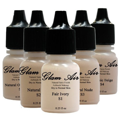 Glam Air Airbrush Water-based Large 0.50 Fl. Oz. Bottles of Foundation in 5 Assorted Light Satin Shades (For Normal to Dry Skin)