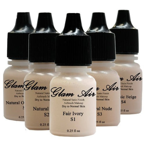 Glam Air Airbrush Water-based Large 0.50 Fl. Oz. Bottles of Foundation in 5 Assorted Light Satin Shades (For Normal to Dry Skin) - Sexy Sparkles Fashion Jewelry - 1