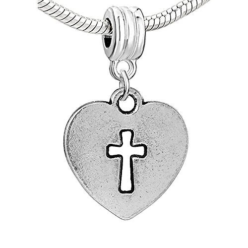 Silver Tone Heart Cross Charm Spacer European Bead Compatible for Most European Snake Chain Bracelet