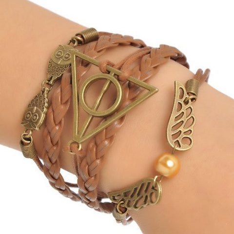 Braiding Leatheroid Wax Rope Bracelets Brown Antique Bronze Halloween Owl Triangle Ring Wing W/Lobster Clasp - Sexy Sparkles Fashion Jewelry - 3
