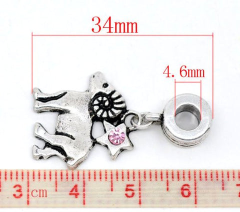 Aries Zodiac Charm W/pink Crystal Dangle Bead for Snake Bracelets - Sexy Sparkles Fashion Jewelry - 3