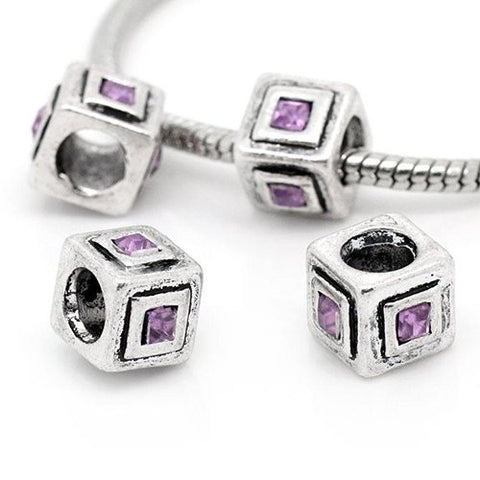 Cube Charm with purple  Rhinestone Crystals European Bead Compatible for Most European Snake Chain Bracelet - Sexy Sparkles Fashion Jewelry - 2