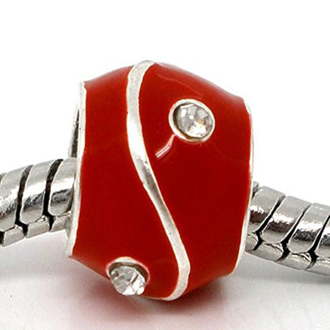 Red Rhinestone Enamel Silver Tone Bead Charm Spacer for Snake Chain Bracelets - Sexy Sparkles Fashion Jewelry - 1