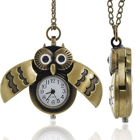 Bronze Owl Pocket Watch with Chain Necklace Wings Open and Close Battery Included - Sexy Sparkles Fashion Jewelry - 1