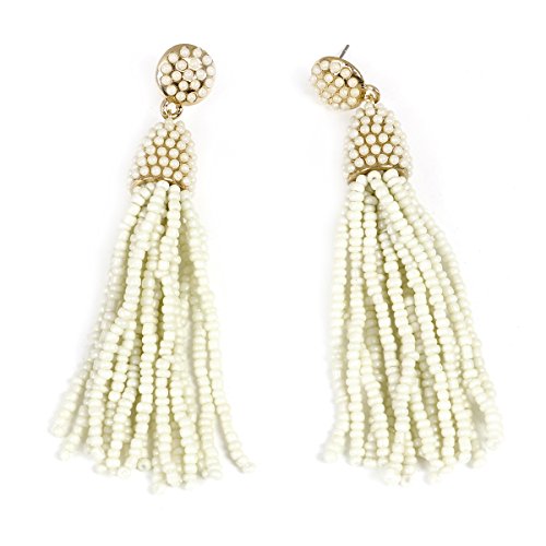 Sexy Sparkles Women's White Beaded tassel earrings Long Fringe Drop Earrings Dangle