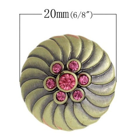 Chunk Snap Buttons Fit Chunk Bracelet Round Antique Bronze Flower Pattern Carved Pink Rhinestone 20mm - Sexy Sparkles Fashion Jewelry - 3