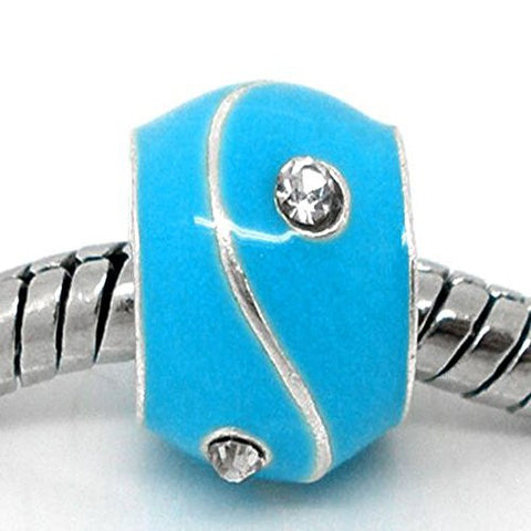 Blue Rhinestone Enamel Silver Tone Bead Charm Spacer for Snake Chain Bracelets - Sexy Sparkles Fashion Jewelry - 1