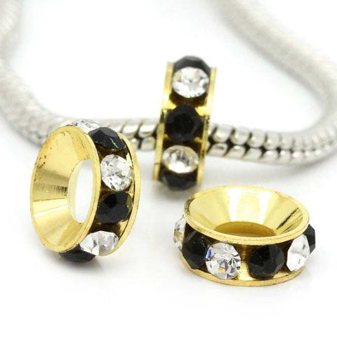 Copper European Charm Rhinestone Rondelle Spacer Beads Round Gold Plated Black & Clear Rhinestone - Sexy Sparkles Fashion Jewelry - 2