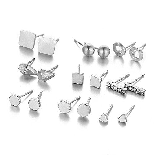 Sexy Sparkles 9 Pairs Small Silver Tone Stud Earrings Ear Posts Womens Girls Assorted