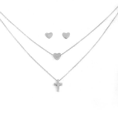 Sexy Sparkles Stainless Steel Jewelry Double Layered Cross Necklace with Heart Stud Earrings