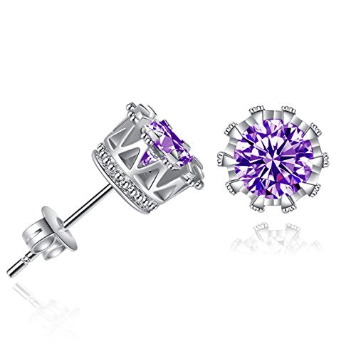 Sexy Sparkles Copper Ear Stud Earrings Purple Cubic Zirconia Inlaid Crown 9mm