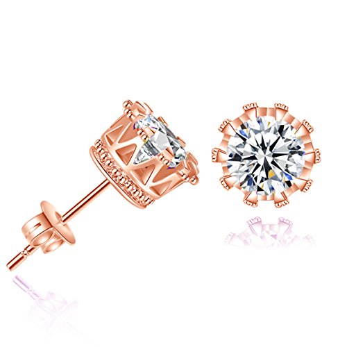 Sexy Sparkles Copper Ear Stud Earrings Cubic Zirconia Inlaid Crown 9mm Rose Gold Tone