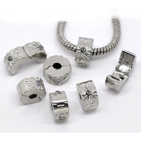 Clip Lock Stopper Bead with Gray Stones with 2 Clear Silicone Stopper For Snake Chain Charm Bracelet - Sexy Sparkles Fashion Jewelry - 2