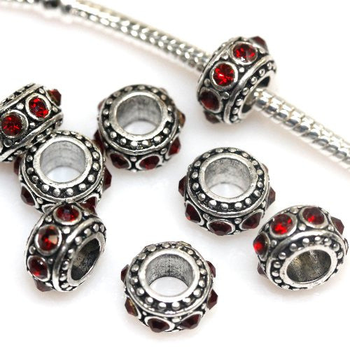 Five (5)January Birthstone Dark Red Garnet  Rhinestone Spacer Beads For Snake Chain Charm Bracelet - Sexy Sparkles Fashion Jewelry - 1