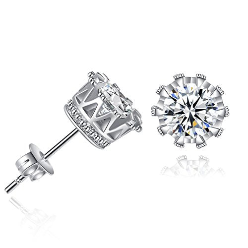 Sexy Sparkles Copper Ear Stud Earrings Clear Cubic Zirconia Inlaid Crown 9mm