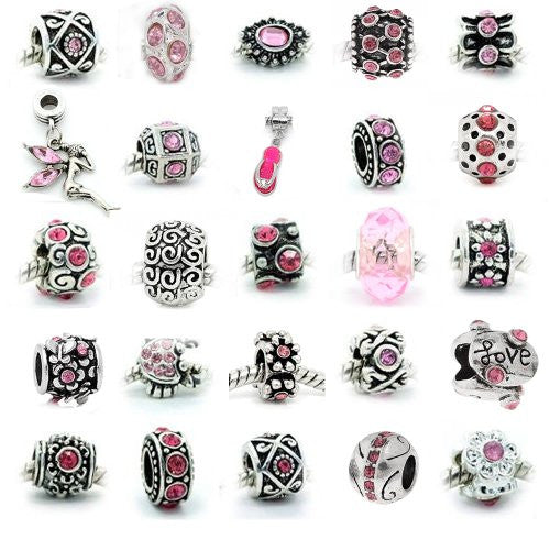 Ten (10) of Assorted Pink  Crystal Rhinestone and Metal Beads Charms Spacers for European Chain Bracelet - Sexy Sparkles Fashion Jewelry - 1