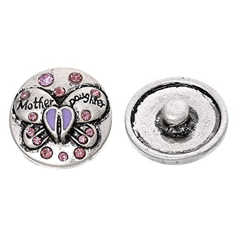 Chunk Snap Jewelry Button Round Antique Silver Fit Chunk Bracelet Purple Rhinestone Butterfly "Mother Daughter" Pattern