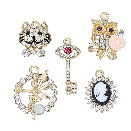 5 Mixed Charm Pendants Cat, Fairy, Key, Owl and Face for Bracelet or Necklace