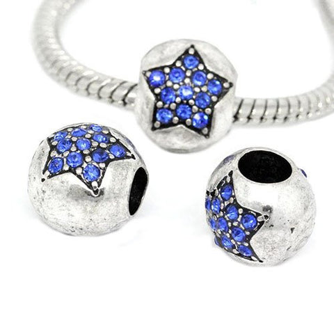 European Charm Beads Antique Silver Star Carved Blue Rhinestone - Sexy Sparkles Fashion Jewelry - 3