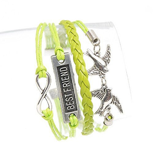 Braiding Leatheroid Wax Rope Bracelets Green Antique Silver Infinity Symbol Love Birds "Best Friend" Carved - Sexy Sparkles Fashion Jewelry - 1