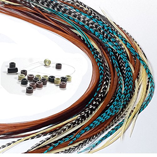Sexy Sparkles Feather Hair Extensions, 100% Real Rooster Feathers, 20 Long Thin Loose Individual Feathers Plus 20 Beads and Loop Tool Kit