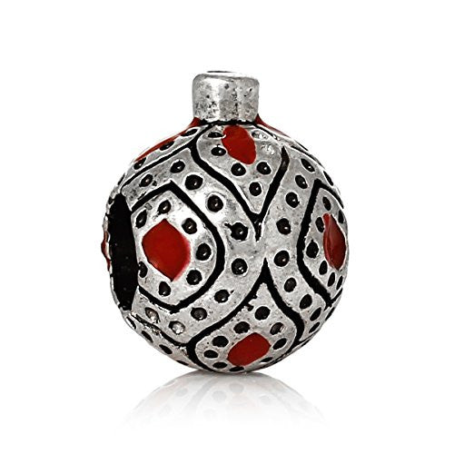 Round Dot Pattern European Bead Compatible for Most European Snake Chain Bracelet (Red)