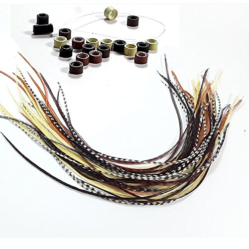 Sexy Sparkles Feather Hair Extensions, 100% Real Rooster Feathers, Long Natural Colors, 20 Feathers with Bonus Micro Beads and Loop Tool Kit
