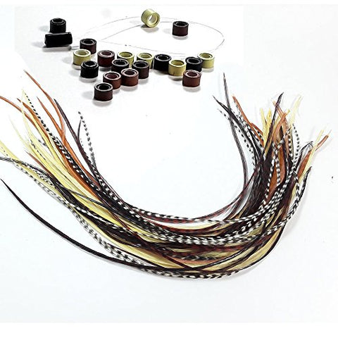 Sexy Sparkles Feather Hair Extensions, 100% Real Rooster Feathers, Long Natural Colors, 20 Feathers with Bonus Micro Beads and Loop Tool Kit