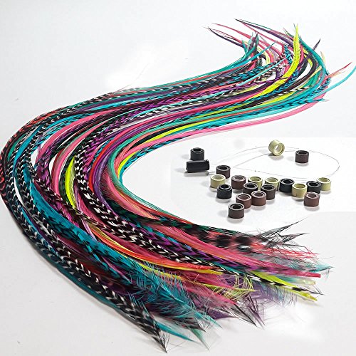 Feather Hair Extensions, 100% Real Rooster Feathers, Long Rainbow Colors, 20 Feathers with 20 Beads and 1 Loop Tool Kit, By Sexy Sparkles