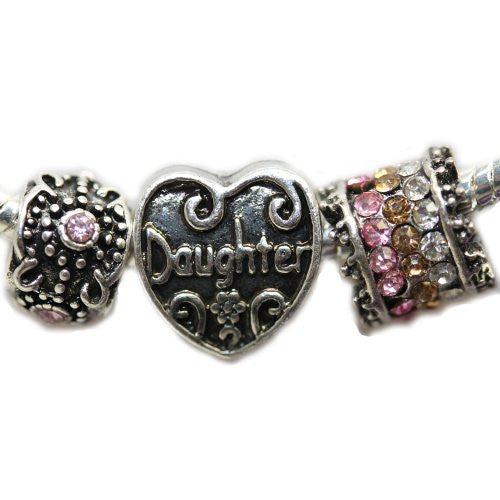 Daughter Heart, Pink and Multi Charm Bead for Snake Chain Bracelet - Sexy Sparkles Fashion Jewelry