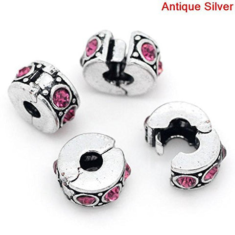 Clip Lock Stopper Bead with Pink Stones with 2 Clear Silicone Stopper For Snake Chain Charm Bracelet - Sexy Sparkles Fashion Jewelry - 2
