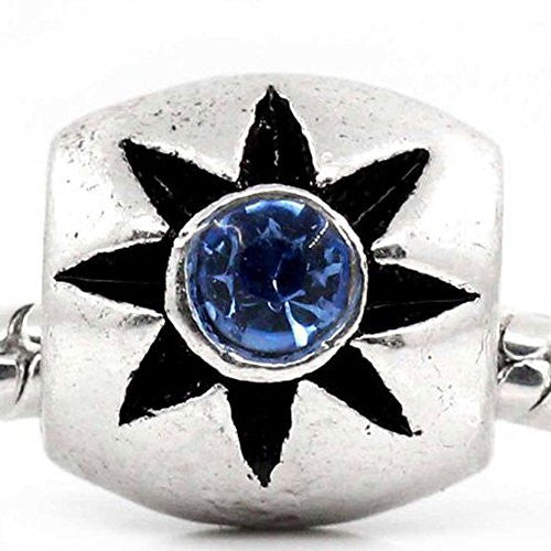 European Charm Beads Column Antique Silver Flower Carved W/Light Blue Rhinestone - Sexy Sparkles Fashion Jewelry - 1