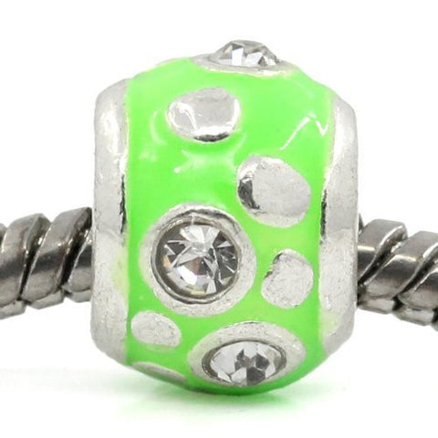 European Charm Beads Column Silver Plated Clear Rhinestone Enamel Light Green - Sexy Sparkles Fashion Jewelry - 4