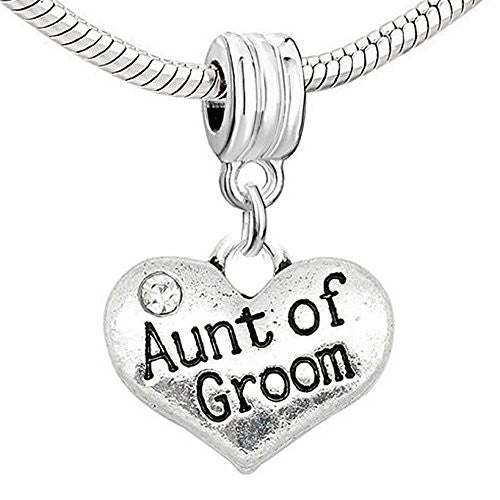 Wedding Aunt of the Groom Heart w/ Crystal Charm  For Snake Chain Bracelet