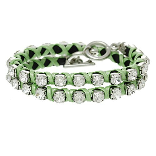 Cowhide Leather Toggle Clasp Bracelet Green Clear Rhinestone 42cm(16 4/8")