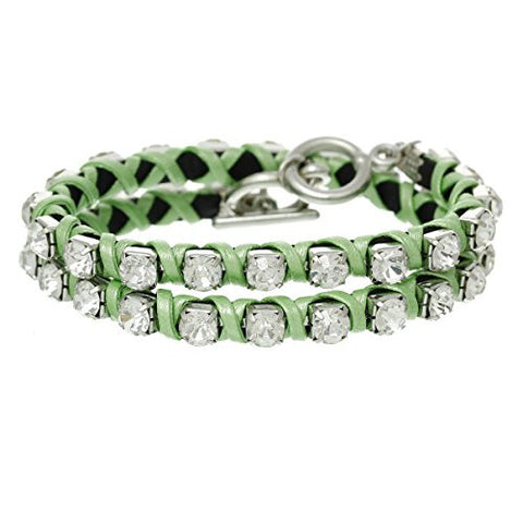 Cowhide Leather Toggle Clasp Bracelet Green Clear Rhinestone 42cm(16 4/8") - Sexy Sparkles Fashion Jewelry - 1