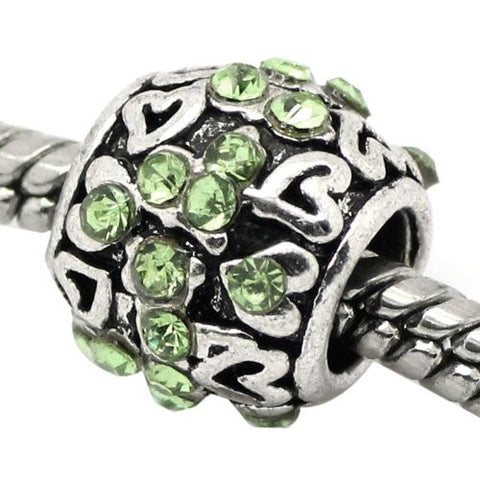 Hearts W/light Green  Rhinestones Bead Charm Spacer For Snake Chain Charm Bracelet - Sexy Sparkles Fashion Jewelry - 2